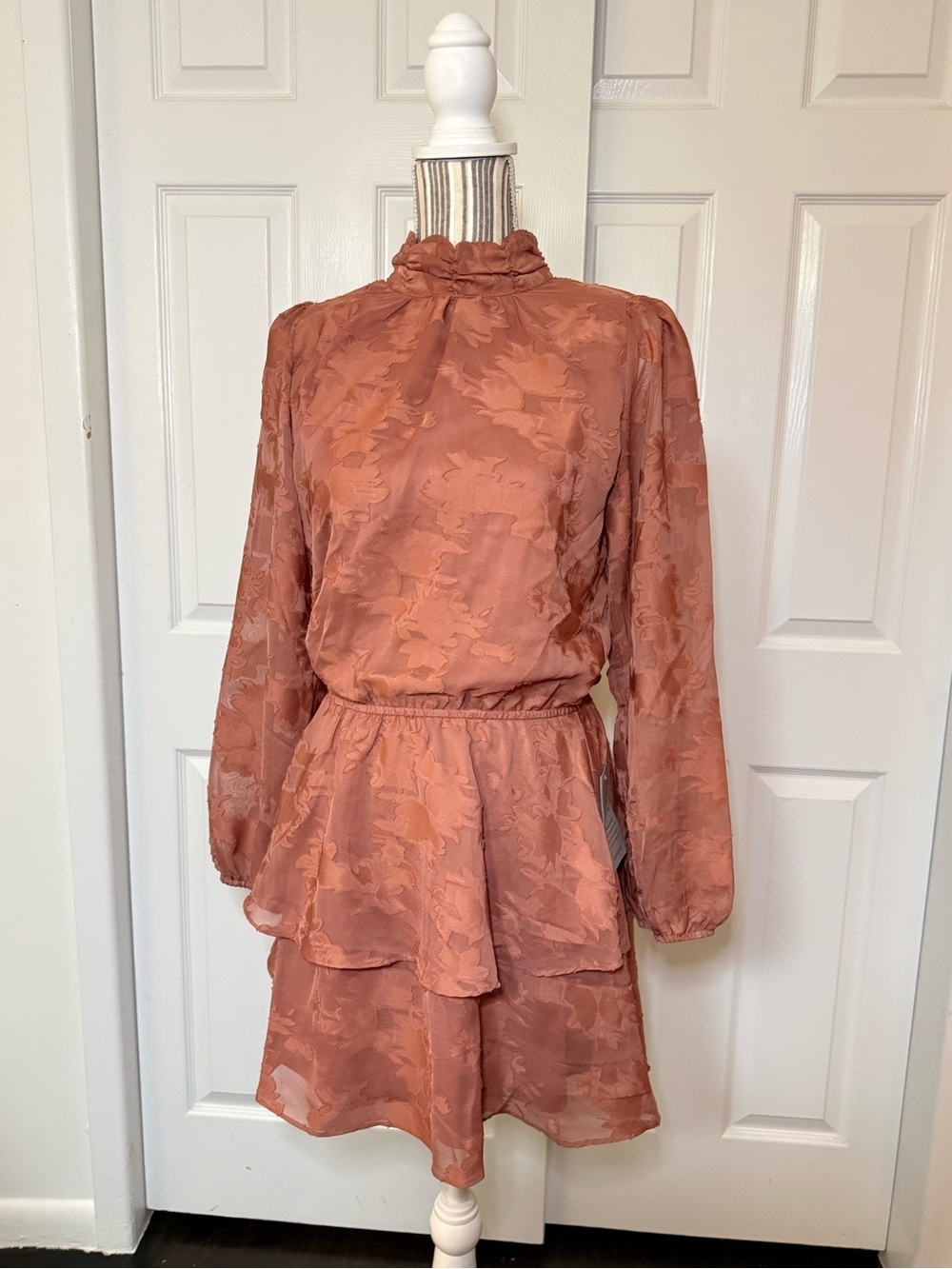 Socialite Rust Floral Jacquard Mini Dress Mock Neck Long Sleeve Size M